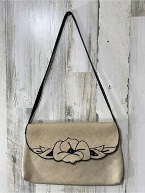 Reva Linen Beige Floral Embroidered Shoulder Bag with Black Trim